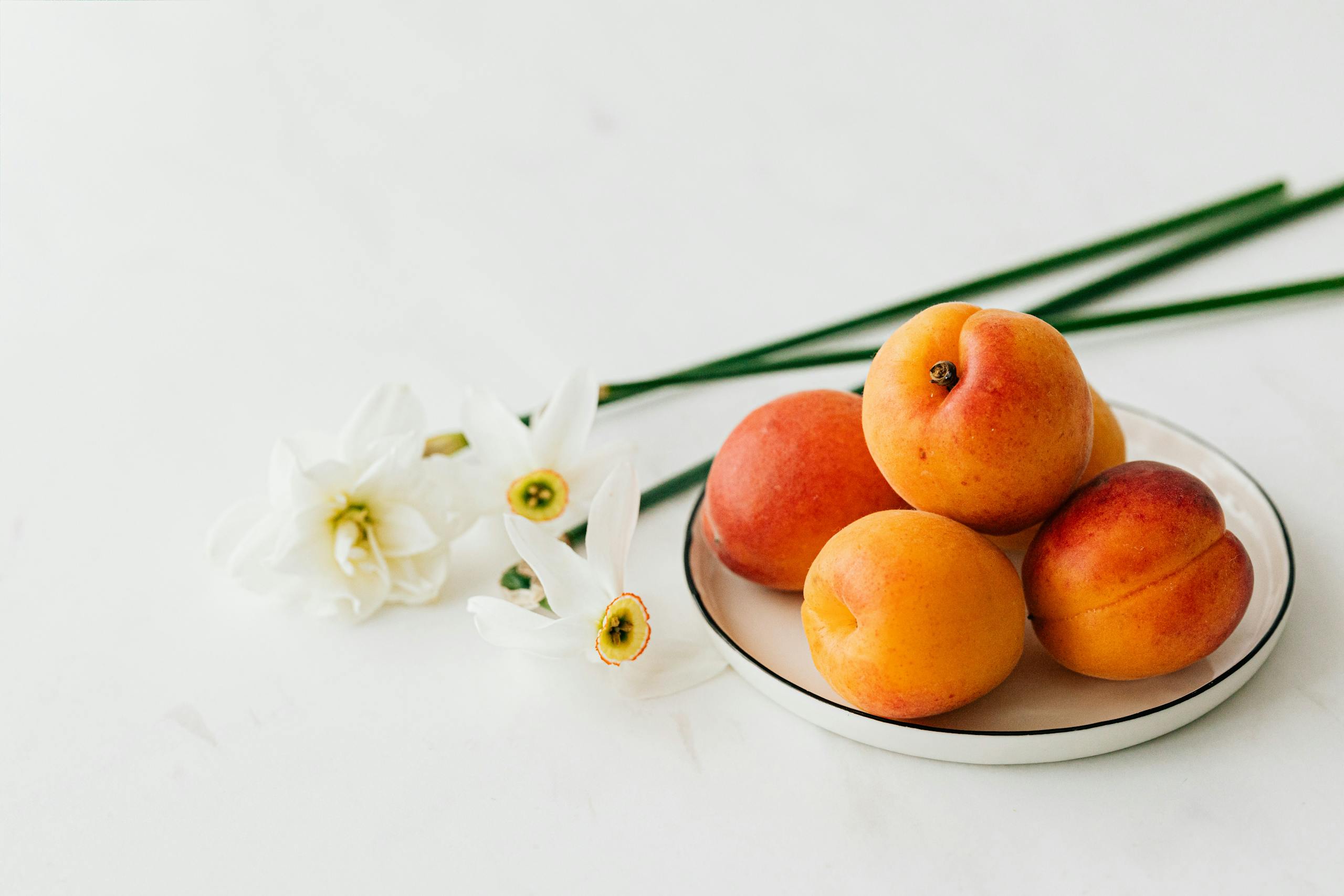 From above of appetizing ripe apricots in ceramic plate composed with fresh delicate white narcissus flowers